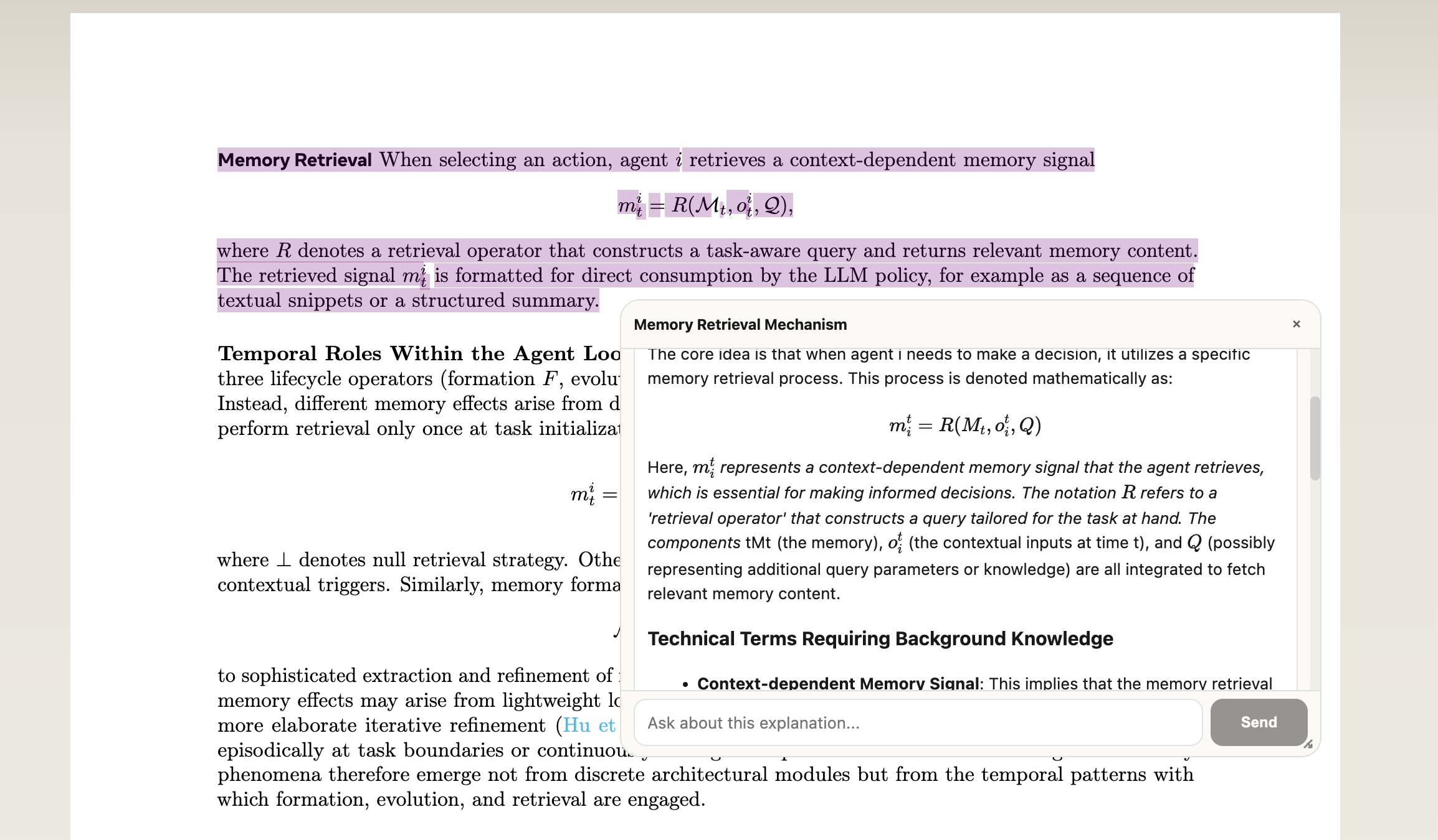Wavely explanation popup open next to a highlighted passage