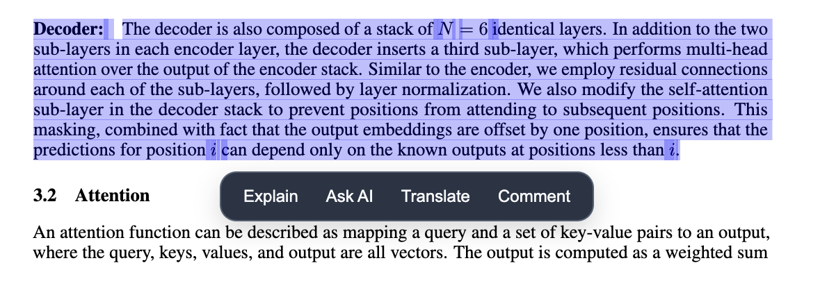 Wavely selection toolbar shown over highlighted text in a PDF