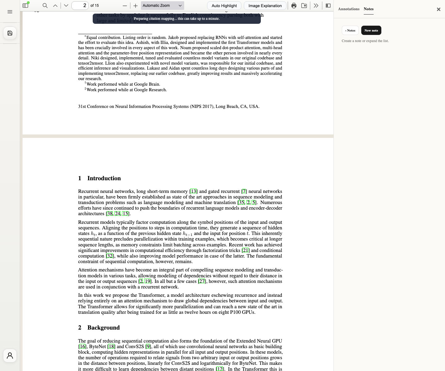 Pointer notes panel attached to a PDF